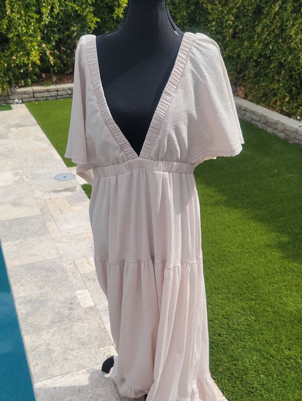 Boho Cream Deep V-Neck Open Back Tiered Maxi Dress XL